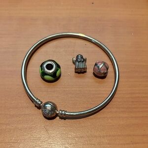 Pandora Silver Bracelet with Green and Pink Charms